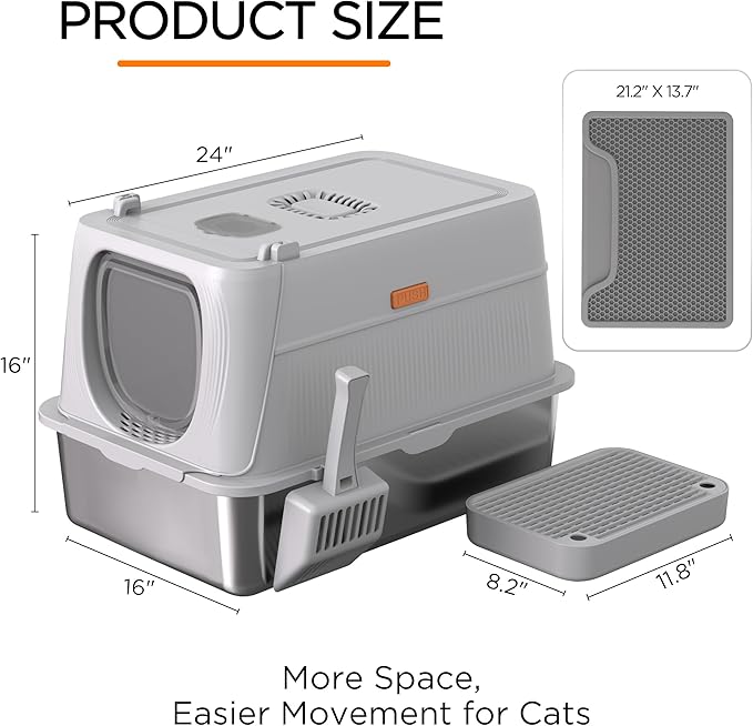 Anywish Stainless Steel Cat Litter Box with Lid, XL Extra Large Enclosed Removable Metal Litter Box with Litter Scoop&Double Layer Litter Mat, Non-Sticky, Non-Odor, Easy Cleaning, for Big Cats, Grey