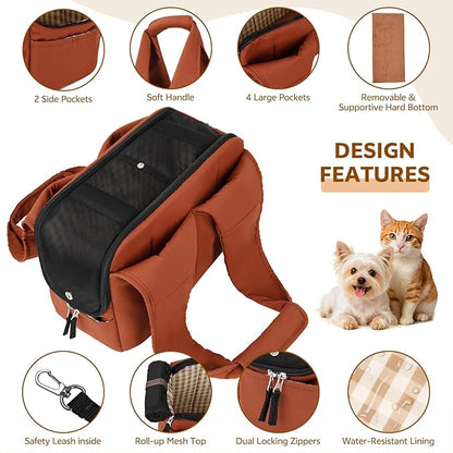 Dog Purse Carrier for Small Dogs and Cats, Soft-Sided Pet Tote Bag with 6 Large Pockets, Collapsible Travel Puppy Carrier, Fits Pets up to 13 lbs (Caramel, 15.7" L x 8" W x 11.8" H)
