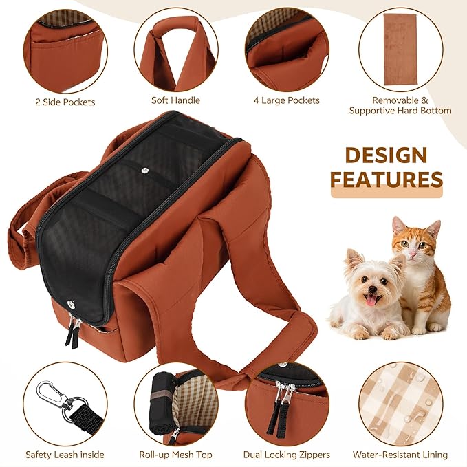 Dog Purse Carrier for Small Dogs and Cats, Soft-Sided Pet Tote Bag with 6 Large Pockets, Collapsible Travel Puppy Carrier, Fits Pets up to 16 lbs (Caramel, 17.5" L x 8" W x 12" H)
