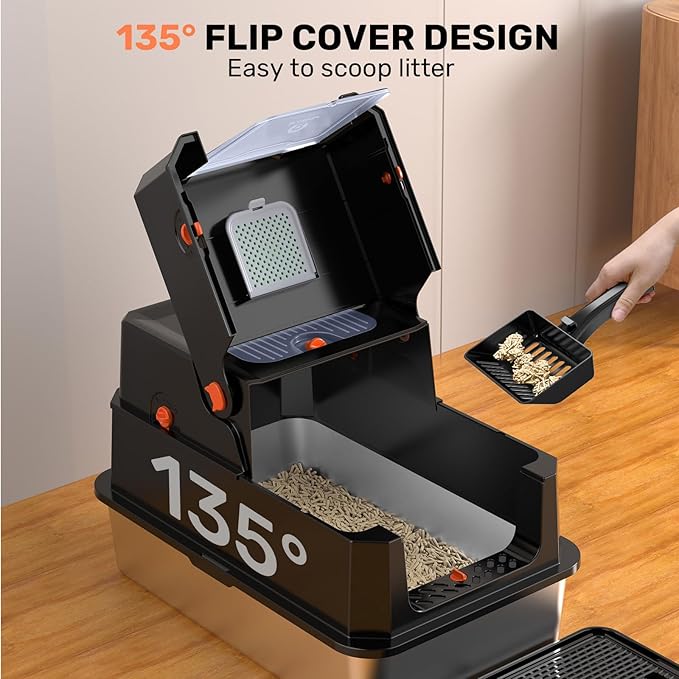 Stainless Steel Litter Box with Lid, Anti-Leakage Enclosed Metal Litter Box, Flip-Top Extra Large Kitty Litter Pan with Scoop & Pedal, Odor Free, Front & Top Dual Entry, Black
