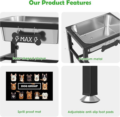 2 Gallon Elevated Dog Water Bowl for Large Breeds, 4-Height Adjustable Raised Dog Bowl(9.4-14.2'') with Stainless Steel Bowls, Spill-Proof Mat & Sturdy Metal Base for Indoor/Outdoor Use