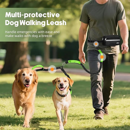 Hands Free Dog Leash for 2 Dogs with Pouch, Waist Leash for Dog Walking, Retractable Leashes with Dual Padded Handles, Adjustable Reflective Belt for Small Medium Large Dogs, Black Green
