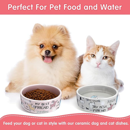 Maxcheck 2 Pcs 5 Inch Ceramic Dog Bowls Dishes for Small Dogs Cute Cartoon Pattern Puppy Cat Bowls Heavy Food Water Dishes for Pets Feeding Travel, Dishwasher Safe Microwave Safe(Pink and Gray)