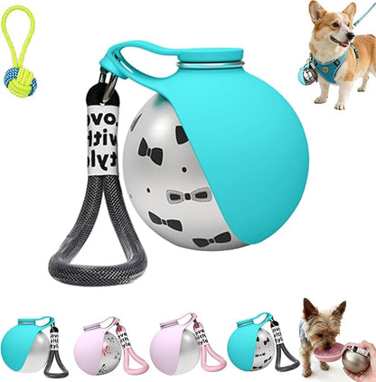 Foldable Pet Water Bottle for Travel, 2 in 1 Portable Dog Water Bottle, 304 Stainless Steel Compact Dog Drinking Bottles Leak Proof & Silicone Bowl for Walking Hiking (Blue+Print)