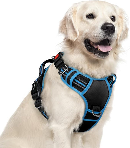 rabbitgoo Dog Harness for Large Dogs, No Pull Pet Vest with 3 Buckles, Adjustable Soft Padded Pet Harness with Easy Control Handle and Reflective Strips, Black & Sky Blue, XL