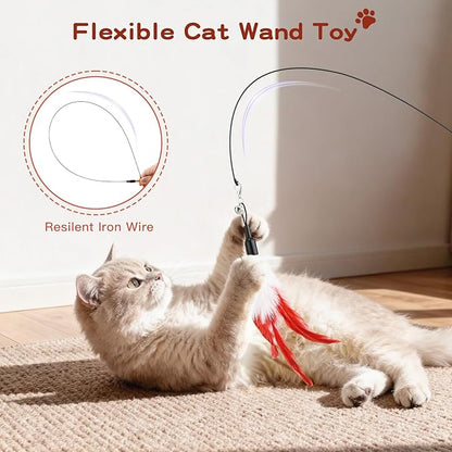 Pawaboo Feather Teaser Cat Toy - Interactive Wand with Extra Long 34.5" Wand and Small Bell, Exerciser Playing Toy for Kittens or Cats, Wine Red & White Feather