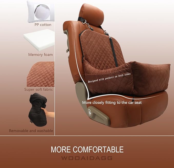 Wooaidagg Dog Car Seat for Small Dogs,Covered Soft Fabric and Fill in Memory Foam,Easy to Assemble and Fully Detachable,2 Clip-On Safety Leashes and Storage Pockets(Brown)