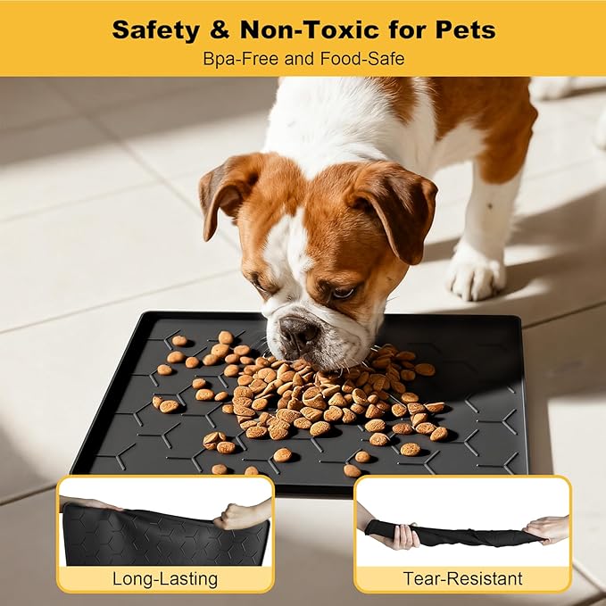 Pieviev 16''x12'' Dog Cat Food Bowl Mat, Silicone Waterproof Food Grade Pet Food Mat for Floor, High Raised Edge to Prevent Spills, Non-Slip & Easy Clean Pet Placemat for Dog & Cat Bowls, Black