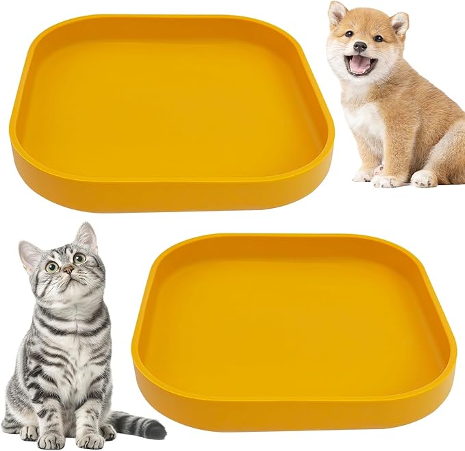 Fhiny 2PCS Silicone Cat Bowls Set 7.1 x 7.1 in Shallow Dog Dish Whisker Friendly Cat Food Plate for Dry & Wet Food Dishwasher Safe Non-Slip Pet Feeding Bowls for Kittens and Puppies (Yellow)