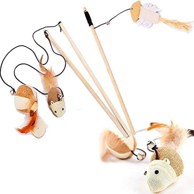 Set of 3 Natural Sisal Wand Teasers Exerciser for Cat Kitten with Mouse/Pumpkin/Fish Toy, Bell Feather Elastic String Sturdy Wood Rod-Toy for Cat