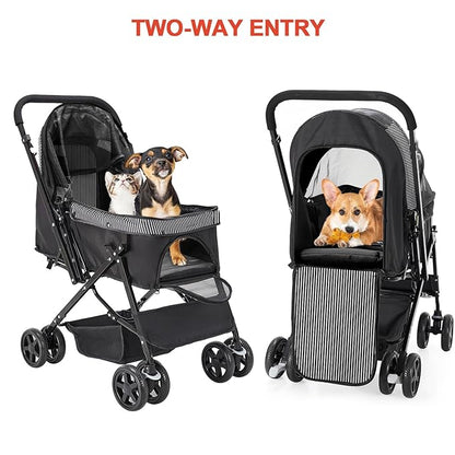 Lightweight Dog Stroller with Reversible Handle for Medium Small Dogs and Cats, Foldable Pet Stroller Travel Carriage with Large Storage Basket, 4 Wheels, Black