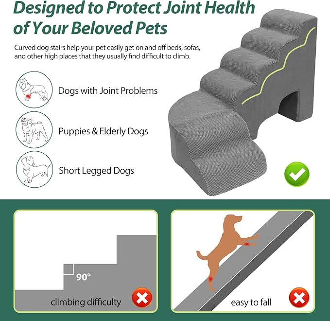6 Tier Dog Stairs/Steps for High Bed, 27.5”H Non-Slip Pet Stairs Adjust to Left Side of Bed, Pet Steps for Small Dogs, Old Pets, and Injured Dogs, Gray