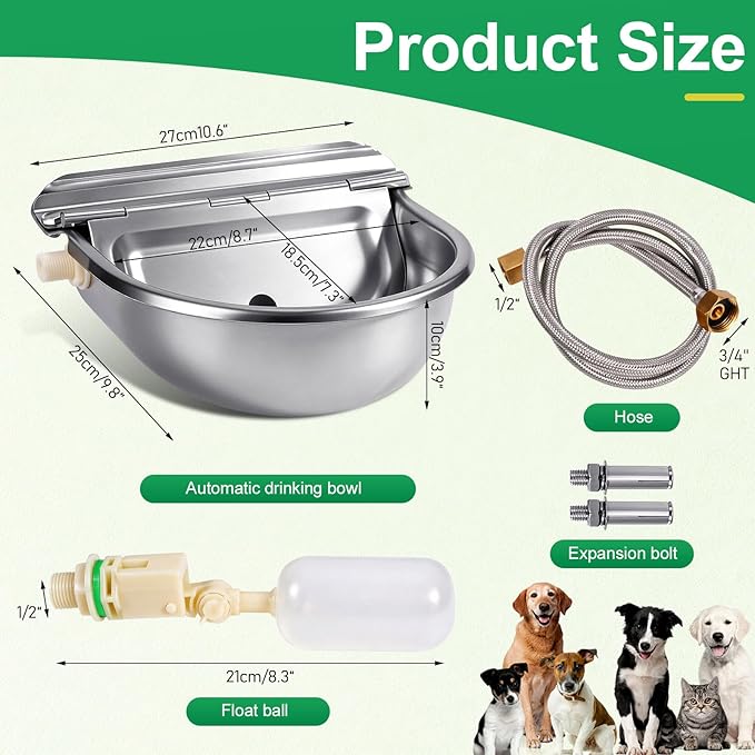 Metal Automatic Dog Water Bowl Dispenser, Outdoor Heavy Duty Stainless Steel Dog Waterer, Auto Self Filling Animal Water Feeder for Dogs Cats with Float and Drain Plug