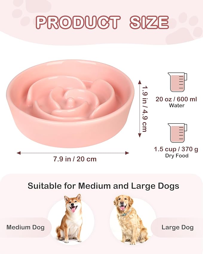 TRUVIC Ceramic Slow Feeder Dog Bowls, 1.5 Cup Puzzle Slow Feeder Bowls for Fast Eaters, Ceramic Dog Food Dish no Black Chin, Puzzle Bowl for Medium Dogs, Pink