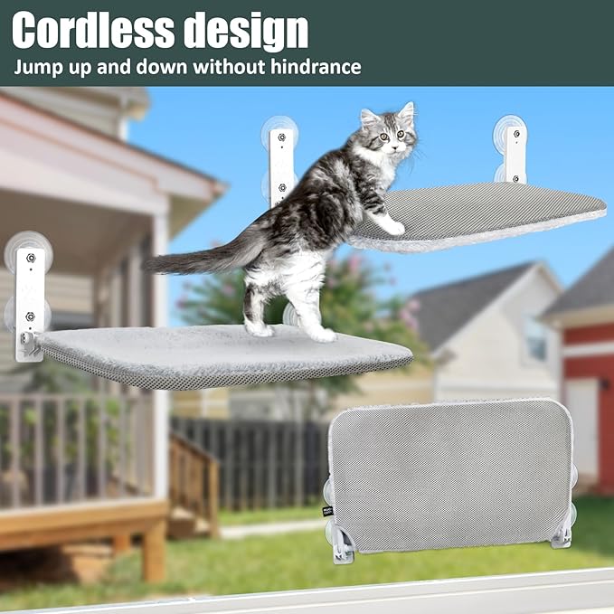 Sunhoo Cat Window Hammock Perch Cordless Perches Window Sill Seat Bed Foldable Stable Lounger Upgraded Suction Cup Easy Assembly Indoor Cats Kitty Shelf Hold Up to 55lbs (Light Gray, L)