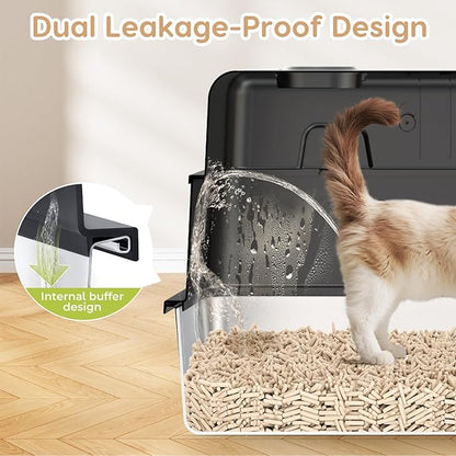 L8 Max-XXXL Stainless Steel Litter Box with Lid, 28" L x 20.5" W x 17.4" H Large Cat Litter Box for Big Cats, Cat Litter Deodorizer Included, High Sided Enclosure with Scoop & Mat, Anti-Leakage-Black
