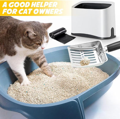 Cat Litter Scooper with Holder, Stainless Steel Cat Litter Scoop, Kitty Poop Scooper Stand for Litter Box, Cat Caddy for Litter Scoop, Fast Sifting Kitty Poop Scooper Caddy Poop Scooper Stand