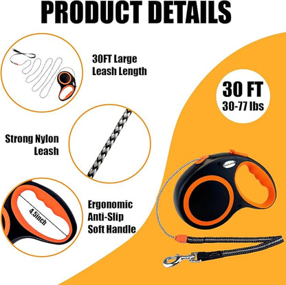 Retractable Dog Leash Automatic Telescopic Tractor Dog Tape, 30 FT Dog Walking Leash for Medium Large Dogs up to 77 lbs with Non-Slip Handle,Night Reflection,Heavy Duty No Tangle