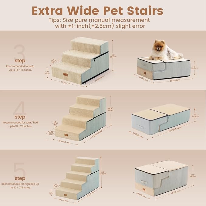 Gardner Pet Dog Stairs for Small Dogs 22.8" H, 5-Step Extra Wide Dog Stairs for High Bed, Pet Steps for Small Dogs and Cats Couch with Durable Non-Slip Waterproof Fabric Cover and Soft Foam, Beige