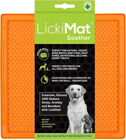 LickiMat Classic Soother Slow Feeder for Dogs Lick Mat Boredom Anxiety Reducer Perfect for Food Treats Yogurt Liquid Food Peanut Butter Fun Alternative to a Slow Feed Dog Bowl, Orange