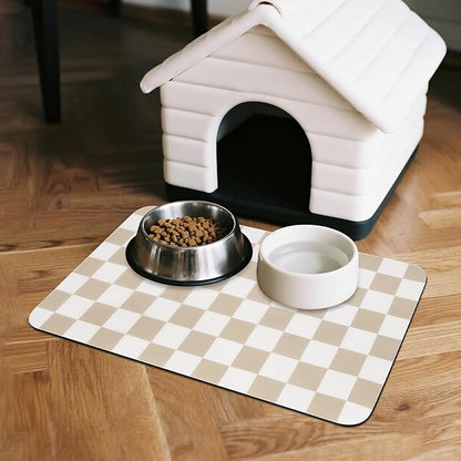 Checkered Dog Food Mat, Absorbent Leak-Proof Pet Feeding Mat, Quick Dry Cat Food Mat for Messy Drinkers 12" x 20" Khaki