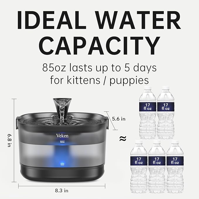 Veken Cat Water Fountain with Detachable Tank & Secure Clips, 6 Filters & Sponges, Easy to Clean & Assemble, 84oz/2.5L Quiet Pet Drinking Dispenser with LED Light for Cats, Dogs and Small Pets, Black
