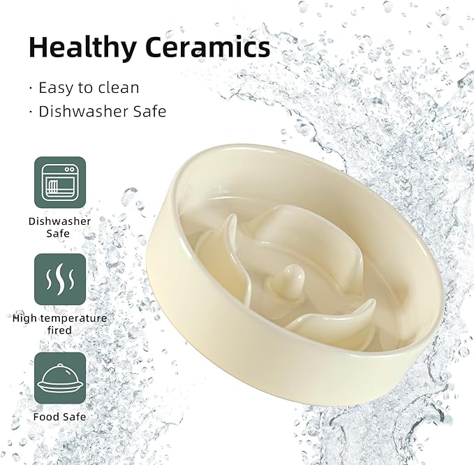 Ceramic 0.9 Cup Raised Dog Slow Feeder Set, Elevated Bowl with Wooden Stand for Small Dog and Cat, 6.1inch Puzzle Slow Dog Food Dish, Anti-Gulping(Light Yellow, Single Bowl+ Stand)