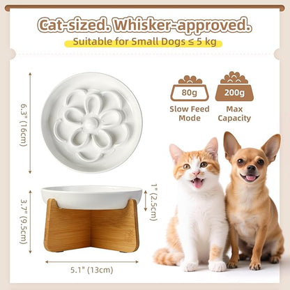 Elevated Slow Feeder Cat Bowl - Melamine Cat Dish with Anti-Slip Bamboo Stand - Whisker Friendly Feeding Bowl - Floral Maze Food Plate for Slow Eating - White