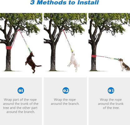 Yummy Sam Dog Ropes Toy,16.8 ft Rope & Spring Pole Pole Kit & 2 Chew Toys, Outdoor Hanging Retractable Exercise Interactive Pull Tug Muscle Builder for Medium Large Dogs (Red Green)