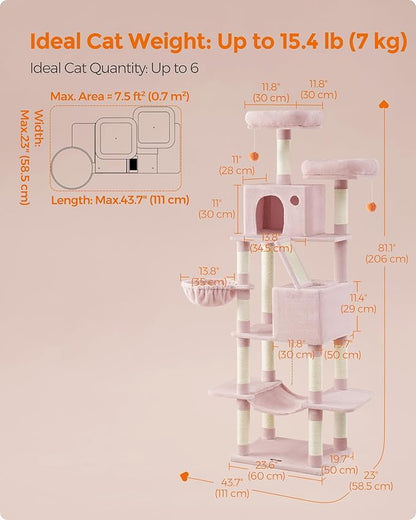 Feandrea Cat Tree, 81.1-Inch Large Cat Tower, Multi-Level Plush Condo with 13 Scratching Posts, 2 Perches, 2 Caves, Basket, Hammock, Pompoms, Jelly Pink UPCT190P01