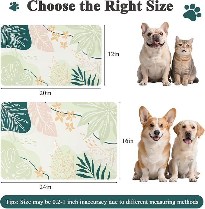 Topotdor Boho Dog Food Mat - Absorbent Quick-Dry Cat Bowl Mat for Food and Water, Non-Slip Pet Feeding Placemat for Messy Drinkers Dog Accessories Pet Supplies, 16"x24", Green