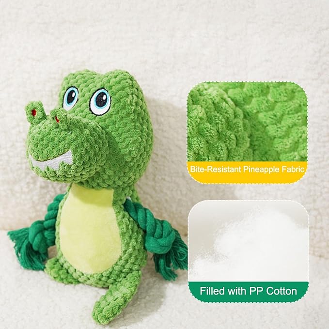 Cute Animals Interactive Squeaky Dog Toy with a Vocal Bladder, Crinkle Paper Stuffed Soft Cotton Chew Toy, Teething Rope Tug of War Pull Toy to Keep Them Busy for Puppy, Small Dogs - Green T.Rex