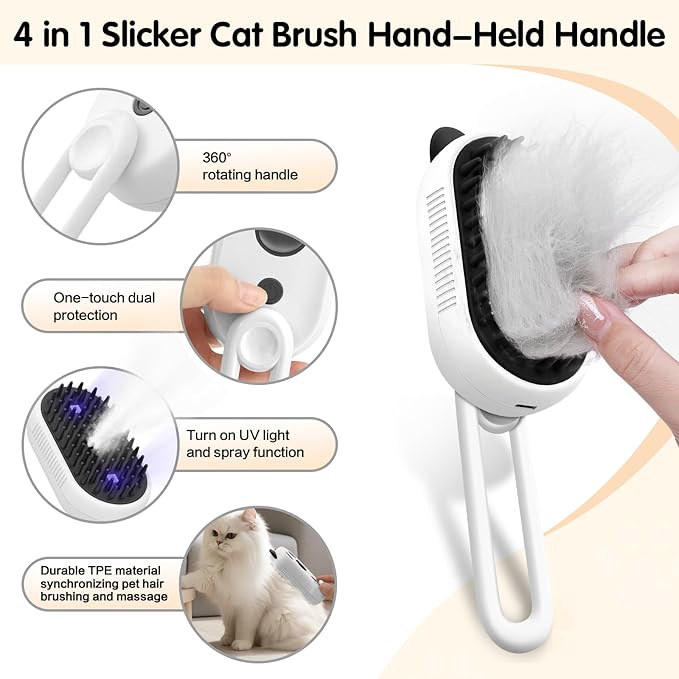 Cat Steam Brush, 3-in-1 Steamy Cat Brush for Shedding and Grooming, Pet Misting Brushs for Indoor Cats and Dogs, Rechargeable Cats Hair Brushs with Soft Silicone Bristles for Massaging, White