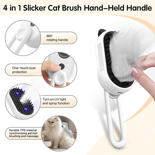 Cat Steam Brush, 3-in-1 Steamy Cat Brush for Shedding and Grooming, Pet Misting Brushs for Indoor Cats and Dogs, Rechargeable Cats Hair Brushs with Soft Silicone Bristles for Massaging, White