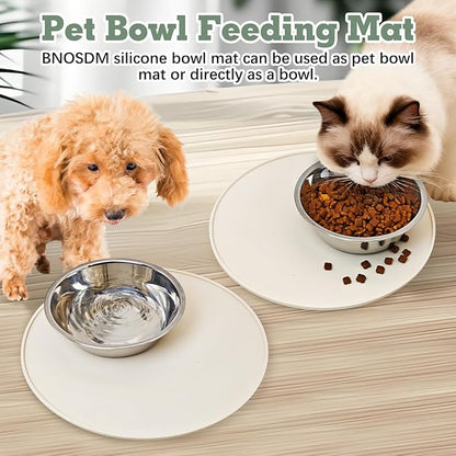 BNOSDM Silicone Cat Feeding Mat 2 Pack Dog Bowl Mats Pet Silicone Food Mat for Food and Water Nonslip Waterproof Feed Mats Round Eating Plate for Small and Medium Cats and Dogs (Beige)