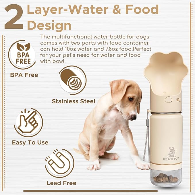 Dog Portable Water Bottle Stainless Steel 10 oz with Food Container - Pet Water Bottle - Cream Portable Dog Water Dispenser with Bowl and Container