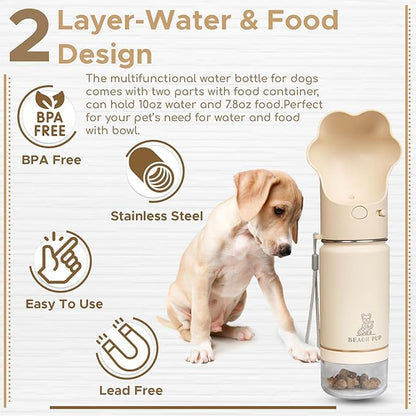 Dog Portable Water Bottle Stainless Steel 10 oz with Food Container - Pet Water Bottle - Cream Portable Dog Water Dispenser with Bowl and Container
