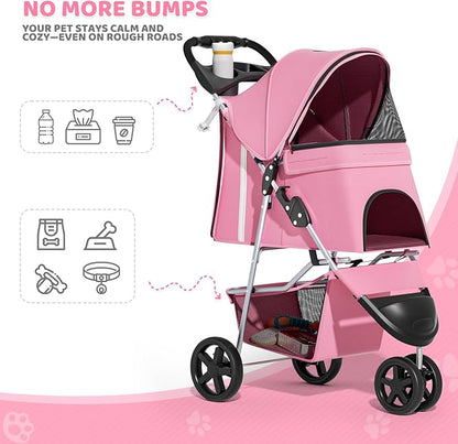 Magshion 3-Wheel Pet Stroller, Foldable Travel Jogger for Small & Medium Dogs & Cats (Up to 33lbs), Lightweight Carrier with Breathable Mesh Cover, Cup Holder & Storage Basket, Pink
