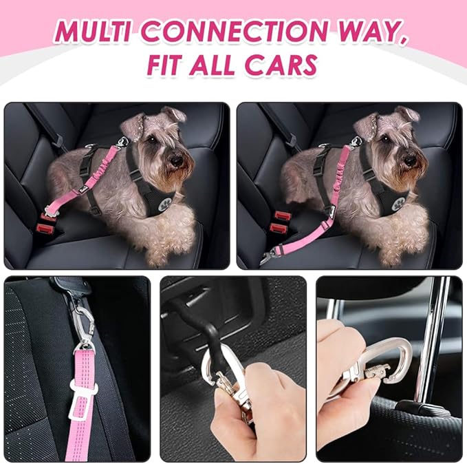 Lukovee Dog Seat Belt for Car, Adjustable Dog Car Harness for Large Medium Small Dogs, Soft Padded & Breathable Mesh Dog Seatbelt with Car Strap and Carabiner (A-Pink,L)