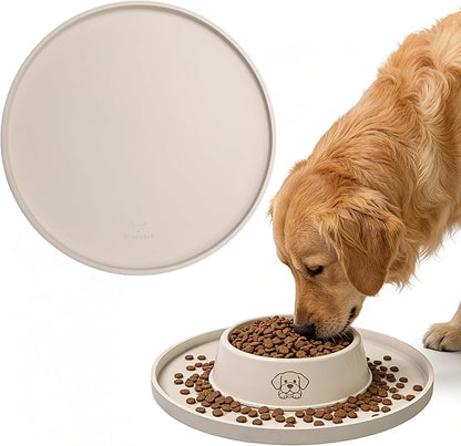 Arespark Dog Food Mat, Nonslip Waterproof Dog Silicone Feeding Bowl Mat with Raised Edges for Floors Prevent Spills, Round Eating Plate Puppy Supplies 10inch (Off White, 1 Pack)