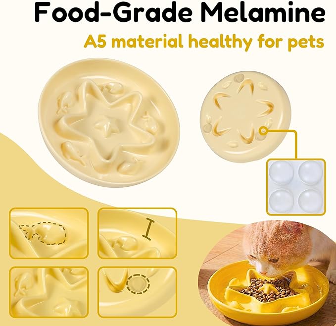 2 Pcs Cat Slow Feeder Bowl – Whisker Friendly Melamine Puzzle Feeding Cat Bowl for Slow Eating – Wet & Dry Food – Dishwasher Safe, Lightweight, Non-Slip (Buttercream + Coral Pink, 6.3'')