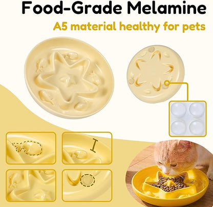 2 Pcs Cat Slow Feeder Bowl – Whisker Friendly Melamine Puzzle Feeding Cat Bowl for Slow Eating – Wet & Dry Food – Dishwasher Safe, Lightweight, Non-Slip (Buttercream + Coral Pink, 6.3'')