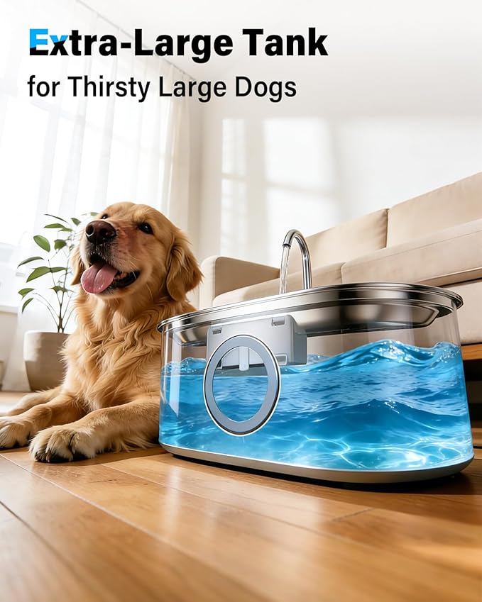 4.2Gal Dog Water Fountain for Large Dogs, 16L Stainless Steel Dog Fountain Water Bowl with Multi-Filtration & Deeper Drinking Tray, Extra Large Pet Water Fountain with Water Window & LED, Ultra-Quiet