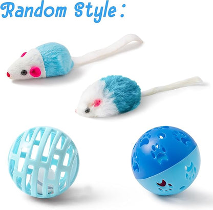 MALLMALL6 Cat Toy Set Interactive Cat Toys 11Pcs Pack with Foldable Tunnel, Feather Teaser Wand, Springs, Mice, Crinkle Balls & Pet Bell Balls - Puzzle Toys for Indoor Cats - Gift (Blue)