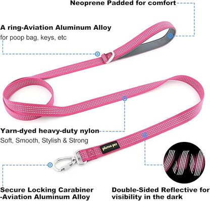Plutus Pet Heavy Duty Dog Leash with Lockable Aluminum Carabiner, 4/6 Feet Long, Double-Sided Reflective Nylon, Padded Handle, for Puppy, Small, Medium and Large Dogs (Pink, 1" x 6')