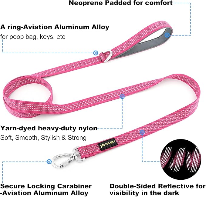 Plutus Pet Heavy Duty Dog Leash with Lockable Aluminum Carabiner, 4/6 Feet Long, Double-Sided Reflective Nylon, Padded Handle, for Puppy, Small, Medium and Large Dogs (Pink, 4/5" x 6')