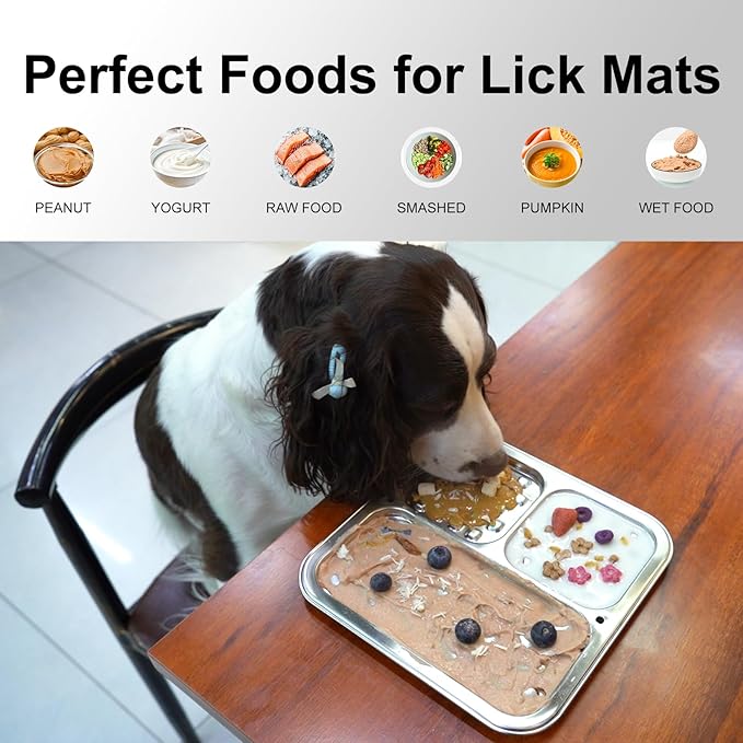 Kactoily Stainless Steel Lick Mat for Dogs and Cats, Large Slow Feeding Licking Pad with 46 Suction Cups, Wall/Floor/Crate Mounting, Peanut Butter Licking Pad for Boredom Reducer and Anxiety Relief