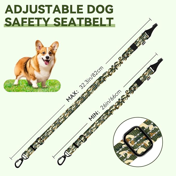 Pawaboo Dog Car Seat Belt– Reflective & Adjustable Dogs Cars Harness Leash with 360° Lockable Buckle, Shockproof Dogs Tether Bungee for Safe Travel, Army Green Camouflage