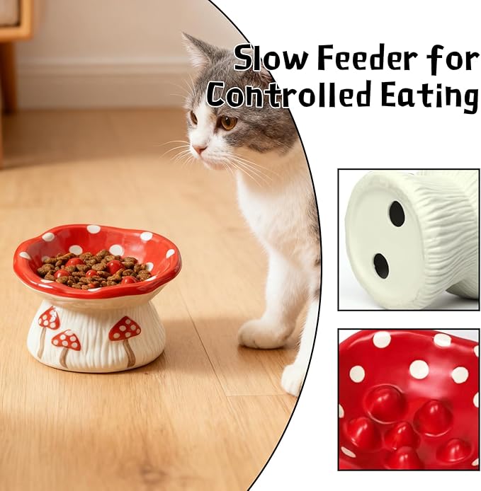 Cat Slow Feeder Bowl, Ceramic Slow Feeder Cat Bowls, Cute Mushroom Elevated Cats Bowl, Anti-Fatigue & Anti-Vomiting