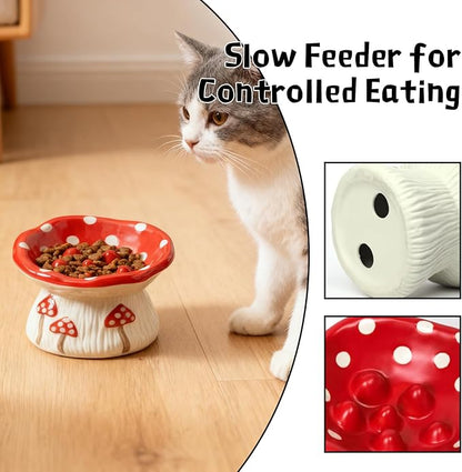 Cat Slow Feeder Bowl, Ceramic Slow Feeder Cat Bowls, Cute Mushroom Elevated Cats Bowl, Anti-Fatigue & Anti-Vomiting